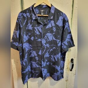 Men's Viscose Black and Blue Purple Leaf Print Shirt